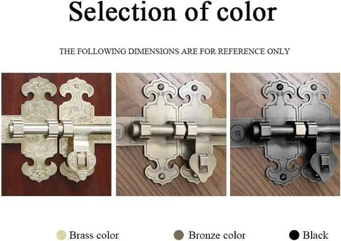 Heavy Duty Sliding Bolt Door Latch Auto Return Action Adjusts 25 To 60 Cm Bronze Finish shown in brass, bronze, and black colors.