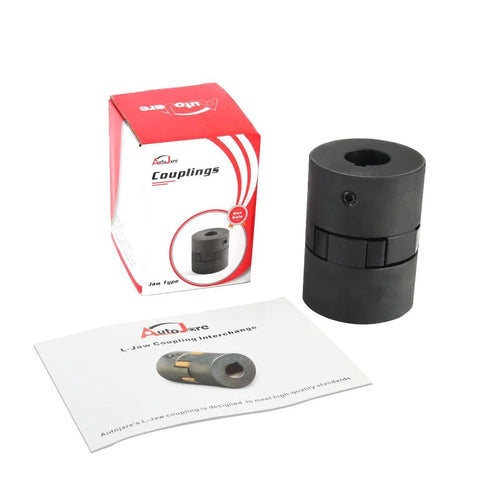Front view of a 3-piece L-jaw coupling set with Buna-N rubber spider; black cylindrical coupler beside red/white packaging.