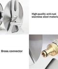 Stainless Steel Garden Hose Reel With Durable Protective Cover And Smooth Metal Crank For 50 Foot Hoses showing brass connector and crank mechanism.