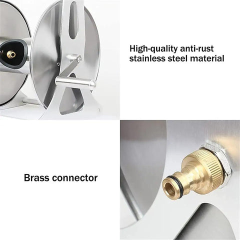 Stainless Steel Garden Hose Reel With Durable Protective Cover And Smooth Metal Crank For 50 Foot Hoses showing brass connector and crank mechanism.