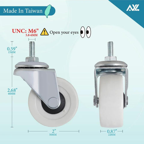 M6 Threaded Stem Caster Wheels 2 Inch PVC Silent No Noise No Scratch Replacement For Tiny Shelving And Storage Carts Ideal For Office Kitchen