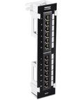Front view of 12 Port Cat6 Unshielded Patch Panel Wall Mount With Included 89D Bracket For Vertical Or Horizontal Install, Compatible With Cat5e And Cat6 RJ45 Cabling, 110 IDC Terminal Blocks, Black
