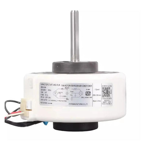 Brushless DC Air Conditioner Fan Motor RPG13H YKFG-13-4-38L-4 Replacement for AC Units with wiring and label.