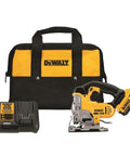 Slick 20V Max Cordless Jigsaw Kit With 4.0 Ah Battery And Fast Charger inside a black and yellow carrying bag with battery and charger.