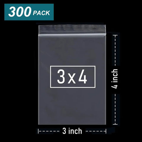 300 Pack 3x4 Inch Clear Zip Bags Reclosable Small Plastic Pouches For Beads Pills Screws Jewelry Packaging Transparent Mini Baggies With Sticker Tags Food Grade Safe shown with dimensions