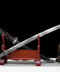 Hand Forged Qing Dynasty Dao Sword with High Manganese Steel Blade and Alloy Fittings, Wooden Scabbard, Displayed on Stand