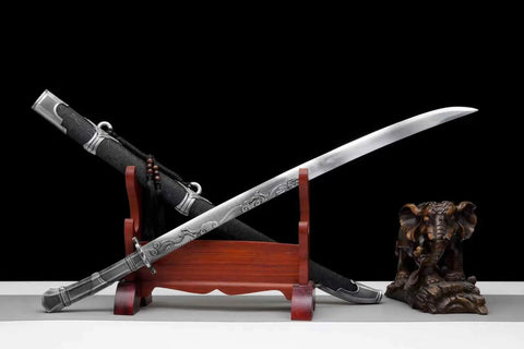 Hand Forged Qing Dynasty Dao Sword with High Manganese Steel Blade and Alloy Fittings, Wooden Scabbard, Displayed on Stand