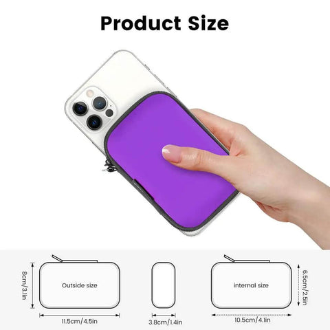Hands holding purple Heavy Duty Hardshell Eva Earbud Case And Dope Headphone Pouch with size details on a white background.