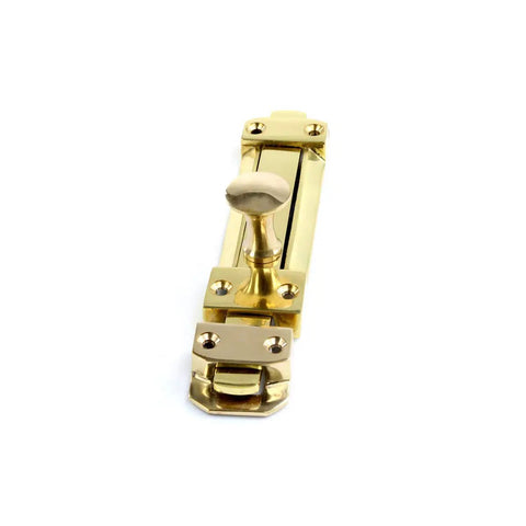 6 Inch Brass Slide Bolt Door Latch With Mounting Hardware for interior and exterior doors, heavy duty, tarnish resistant lacquered finish.