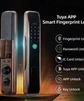 Slick Smart Door Lock Serving Up Dead Easy Fingerprint Access With Locked Down Digital Password And Quick Remote Unlock For Rock Solid Home Security Plus Convenient Ic Card Fallback Backup displaying a fingerprint scanner and digital keypad.
