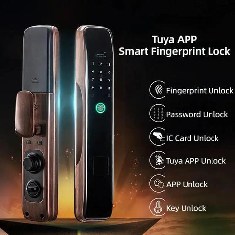 Slick Smart Door Lock Serving Up Dead Easy Fingerprint Access With Locked Down Digital Password And Quick Remote Unlock For Rock Solid Home Security Plus Convenient Ic Card Fallback Backup displaying a fingerprint scanner and digital keypad.
