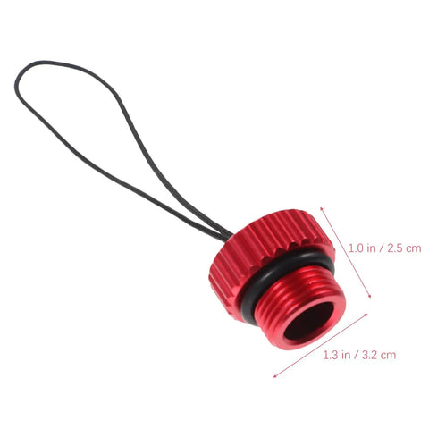 Red Diving Tank Valve Threaded Plug With Cord Cover for scuba gear, size 1.0 in diameter, 1.3 in length, protects tank valves.