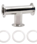 DERNORD stainless steel clamp tee 3-way with 3 silicone gaskets for 1.5 in tri-clamp fittings, 38 mm pipe OD.
