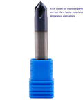 Front view: double-ended AlTiN-coated solid carbide end mill, 3/8 in dia, 3/8 in shank, 4 flutes, 2-1/2 in OAL, blue holder