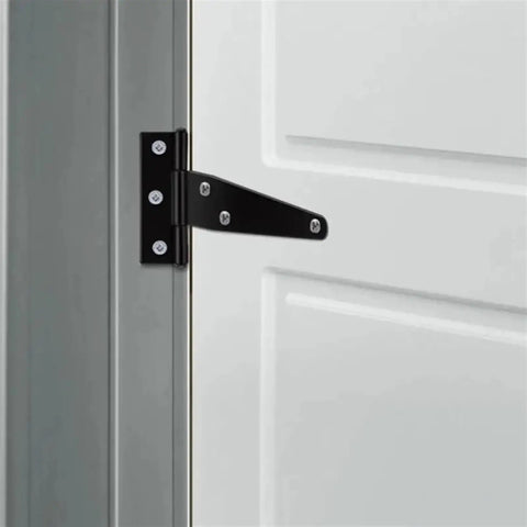 Lightweight Painted Black T Shaped Design Hinge For Fence And Wood Gate, Built For DIYers, mounted on a wooden gate, side view.