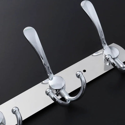 Two Piece Five Hook Wall Mounted Coat Rack Made From Solid Stainless Steel Featuring A Polished Mirror Finish great for bathroom use.