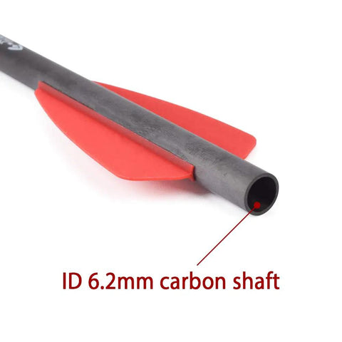 Close-up of 7.5 Inch R9 Crossbow Bolts Carbon Arrows with 2 Inch Red Vanes and carbon shaft