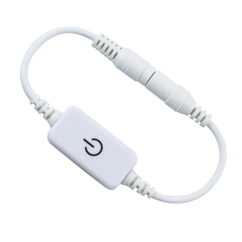 Compact Dimmable Touch Switch for Single Color LED Cabinet Lights With Antislip Coating, showing white minimalist design with power symbol.