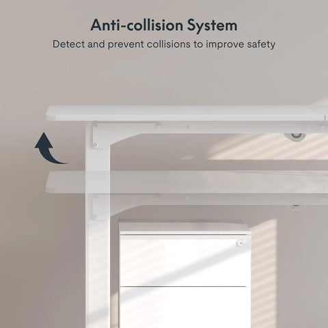 Massive 63 X 28 Electric Standing Desk Built With A Badass Four Leg Frame showing anti-collision system for safety.