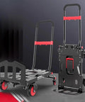 Compact Portable Flatbed Hand Truck Dolly For Home Moving And Hauling Of Luggage Boxes Groceries And More With Foldable Flatbed And Trolley Modes Lightweight Alloy Frame And Easy Lift Handle Hauls Like A Boss, foldable black and red
