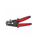Automatic Wire Stripper Tool Built Like A Beast For Easy No Fuss Insulation Removal with circular stripping holes and red-blue handles.