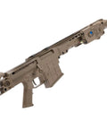 Barrett Licensed M98B MRAD AEG Airsoft Rifle with Folding Stock in Tan Finish featuring orange tip barrel, side view
