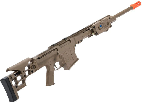 Barrett Licensed M98B MRAD AEG Airsoft Rifle with Folding Stock in Tan Finish featuring orange tip barrel, side view