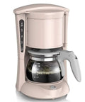 Zero Hassle Full Automatic Bean To Cup Coffee Maker One Touch Brews Smooth Espresso Rich Latte Creamy Cappuccino And Hot Water With Integrated Fresh Grinder White Machine For Home Or Office Desk, shown in light beige with glass carafe.