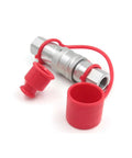 Angled view of CEKER 1/4 in NPT skid-steer hydraulic quick disconnect coupling with red protective caps
