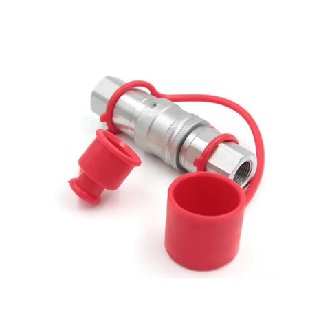 Three Eighths Inch NPT Flat Face Hydraulic Quick Disconnect Coupling For Skid Steer Bobcat ISO 16028 Quick Connect with red caps