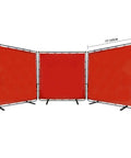 Hardcore Three Panel Red Flame Resistant Vinyl Welding Curtain With Heavy Duty Steel Frame, 73" tall for setups.