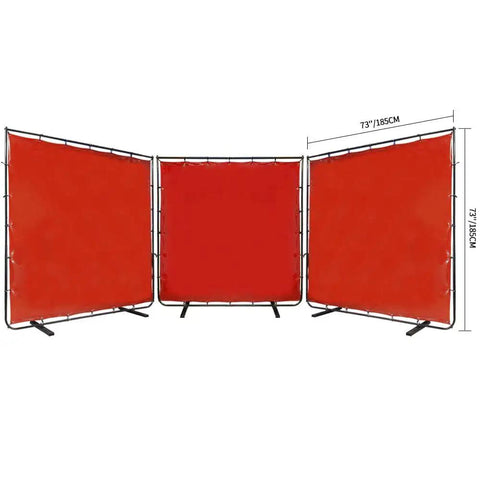 Hardcore Three Panel Red Flame Resistant Vinyl Welding Curtain With Heavy Duty Steel Frame, 73" tall for setups.