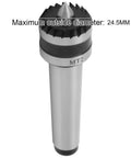 MT2 live tailstock center for wood turning; silver cylindrical shaft with black serrated top