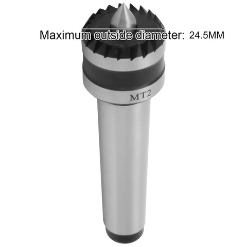 MT2 live tailstock center for wood turning; silver cylindrical shaft with black serrated top