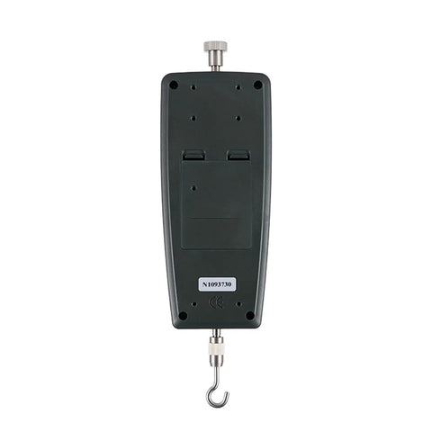 Digital Force Gauge With Push Pull Tester Real Time And Peak Value Readouts Three Units N Kg Lb 100 Kgf Range 980 N 220 Lbf High Accuracy Within Zero Point Five Percent Of Full Scale Plus One Digit Auto Power Off, back view with hook