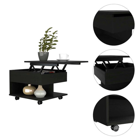Super Slick Black Lift Top Coffee Table With Massively Deep Hidden Storage And Roomy Open Shelf Rolling Easy On Solid Locking Casters For Total Living Room Vibe Upgrade Today