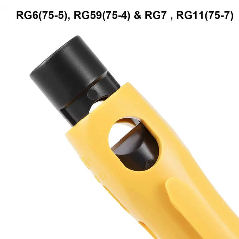 Dual End Coax Cable Stripper For RG6 RG59 And RG11 Quad Cables with fixed blade design shown close-up