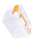 Truly Heavy Duty Clear Plastic Storage Bin With Snug Latching Lid shown from a side angle, featuring transparent walls and orange latches.