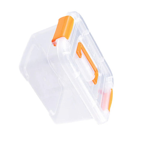 Truly Heavy Duty Clear Plastic Storage Bin With Snug Latching Lid shown from a side angle, featuring transparent walls and orange latches.