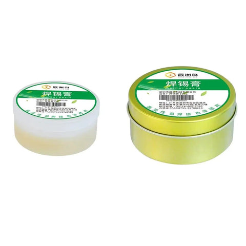 Two containers of Lead Free Soldering Flux Paste For Precise Joints In Phones And Computer Hardware Repair shown, different sizes.