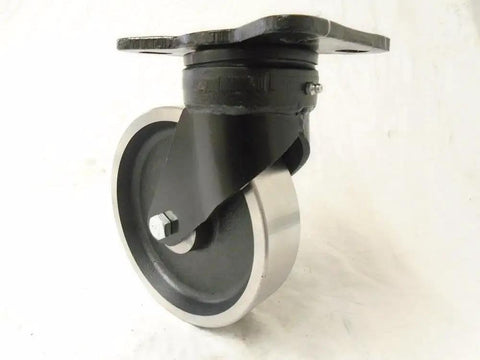 Heavy Duty 8 Inch Kingpinless Forged Swivel Casters With Drop Forged Steel Wheels And Roller Bearings 3000 Lb Capacity view of single caster wheel with mounting plate.