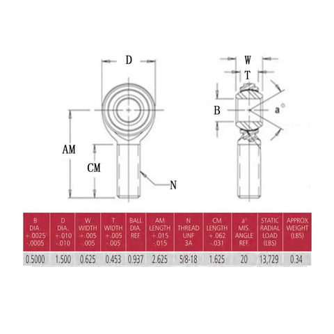 Heavy Duty Heat Treated Heim Joints For Street Rods And Race Trucks 1/2 X 5/8 18 Thread Swivel Ball end technical diagram with measurements.