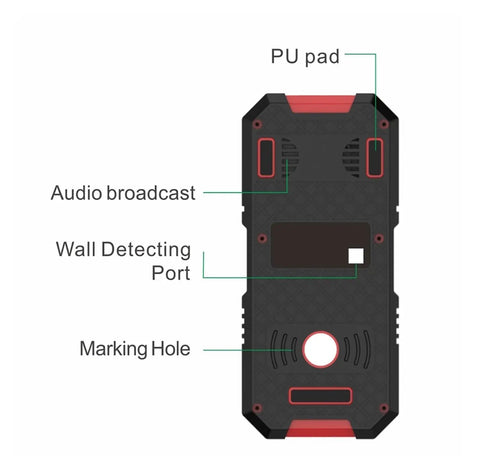 Back view of Built Tough 3 In 1 Stud Finder Wall Scanner showing audio broadcast, wall detecting port, and marking hole.