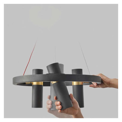 Close-up of industrial style living room pendant lights modern simple restaurant lighting fixtures creative LED hanging lamps in black metal.
