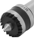 Close-up of MT2 Morse-taper heavy-duty live tailstock center with gear-style drive ring on a lathe