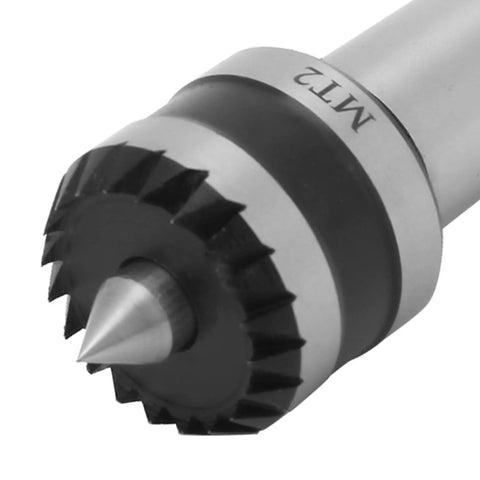 Close-up of MT2 Morse-taper heavy-duty live tailstock center with gear-style drive ring on a lathe