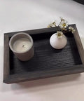 Straight Up True Ebony Aging Wood Stain For Bare Interior Wood Projects One Coat Water Based Dark Finish That Reacts With Natural Tannins Dries Fast And Easy Cleanup Five Gallons applied to decorative tray with candle and flowers.