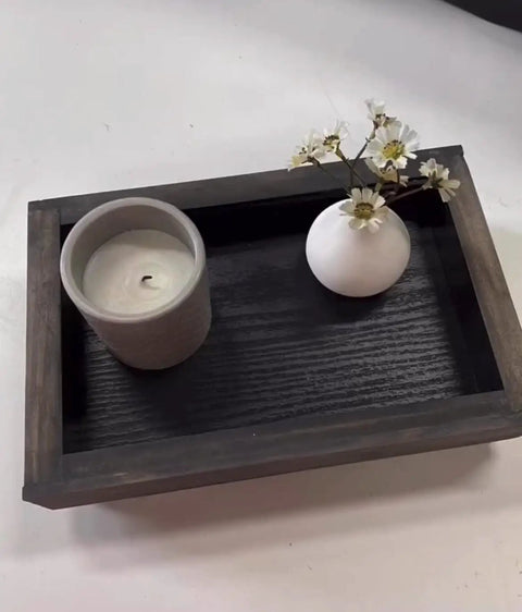 Straight Up True Ebony Aging Wood Stain For Bare Interior Wood Projects One Coat Water Based Dark Finish That Reacts With Natural Tannins Dries Fast And Easy Cleanup Five Gallons applied to decorative tray with candle and flowers.