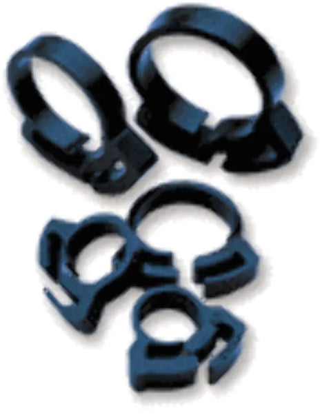 Image of a Six Piece Plastic Hose Clamp Set One Half Inch For Aquarium Applications, showing black plastic low pressure clamps.