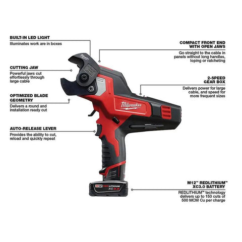 Heavy Duty Cordless Ratcheting Cable Cutter Kit with built-in LED light and compact jaws for easy cutting of 600 MCM copper and 750 MCM aluminum.